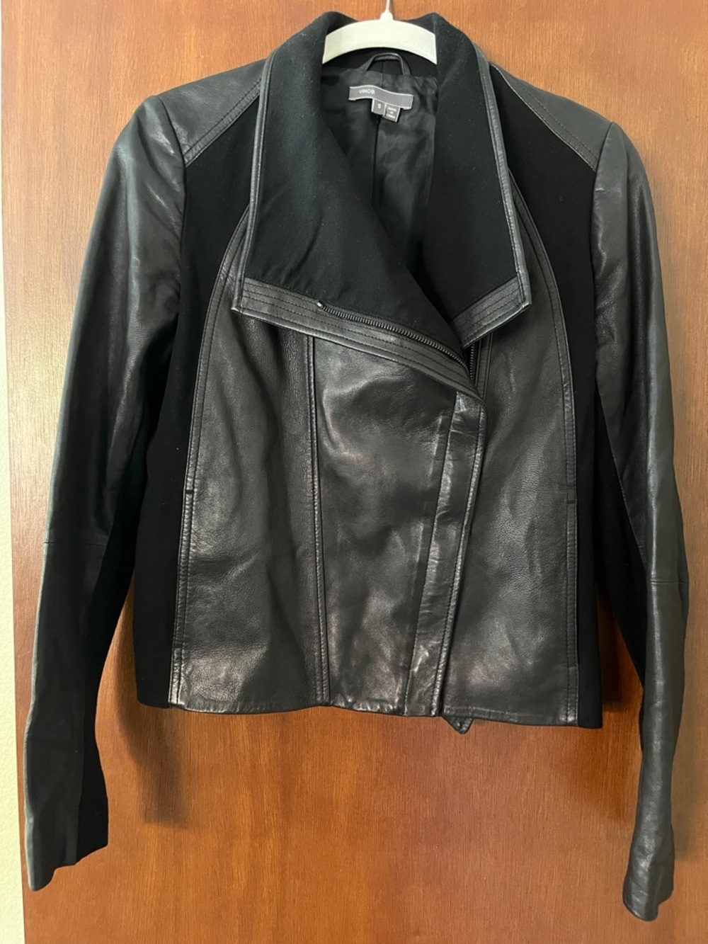Vince Black Leather and Knit Asymmetrical Zip Jacket